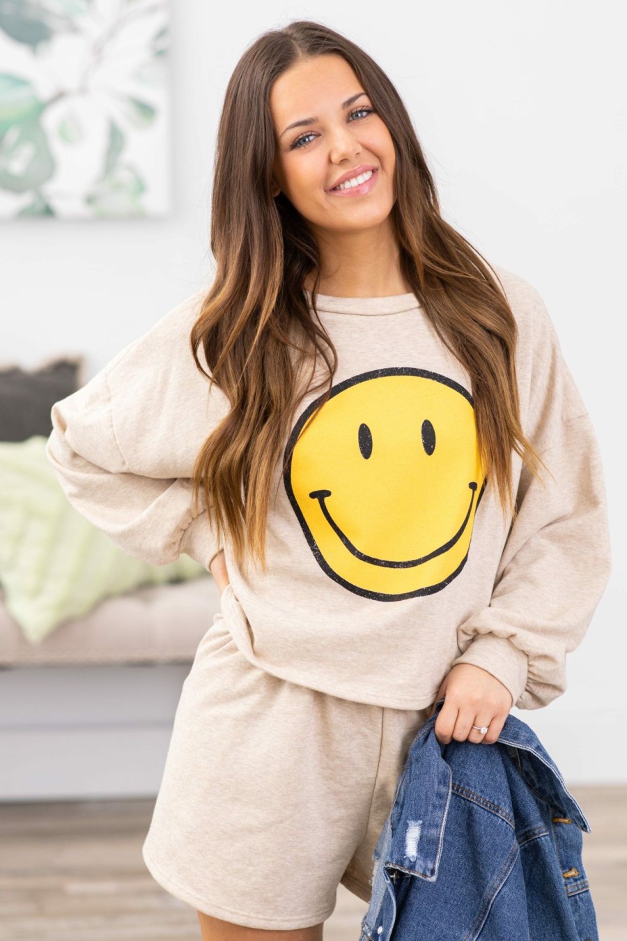 Clothing JADE BY JANE Shorts | Beige Smiley Face Sweatshirt And Shorts ...